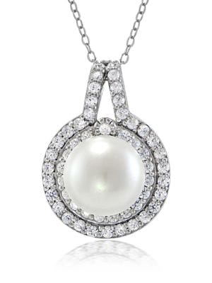 Faux Pearl, Cubic Zirconia and Sterling Silver Halo Pendant Necklace