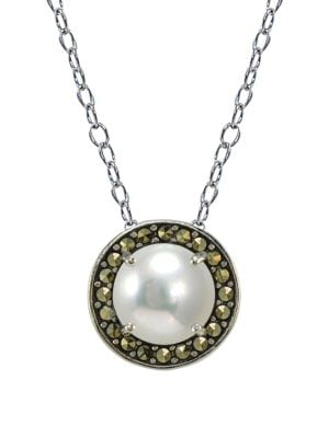 8MM White Pearl, Marcasite & Sterling Silver Halo Pendant Necklace