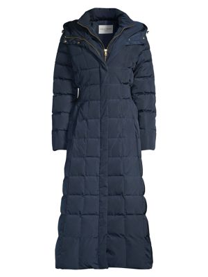 Shirred-Waist Hooded Quilted Down Coat