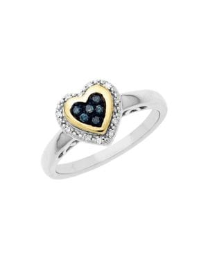 Sterling Silver with 14Kt. Yellow Gold Green Blue Diamond Heart Ring