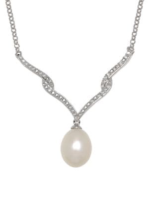 8 MM White Freshwater Pearl, Diamond and Sterling Silver Necklace