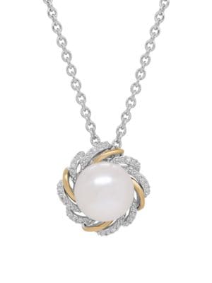 10MM White Button Freshwater Pearl, Diamond, Sterling Silver and 14K Yellow Gold Floral Pendant Necklace