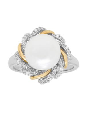 10MM White Button Freshwater Pearl, Diamond, Sterling Silver and 14K Yellow Gold Floral Ring
