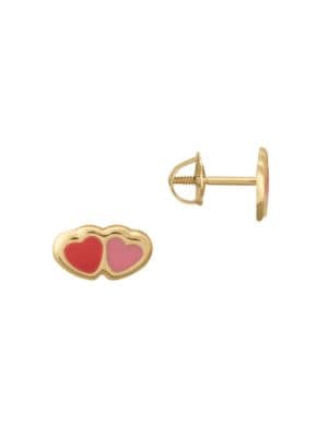 14K Gold Double Heart Stud Earrings
