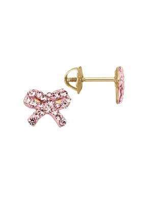 Rose Crystal and 14K Yellow Gold Bow Stud Earrings