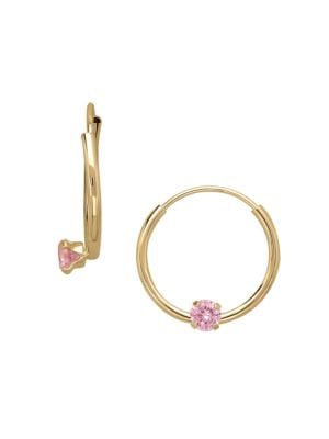 14K Yellow Gold and Pink Cubic Zirconia Hoop Earrings