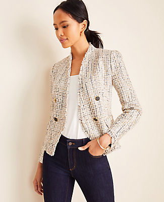 Ann Taylor Fringe Tweed Double Breasted Jacket