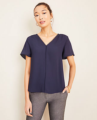 Ann Taylor Lace Trim V-Neck Mixed Media Top